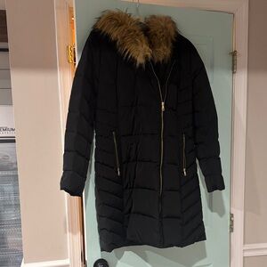 Cole Haan Black Puffer Coat with Faux Fur Collar